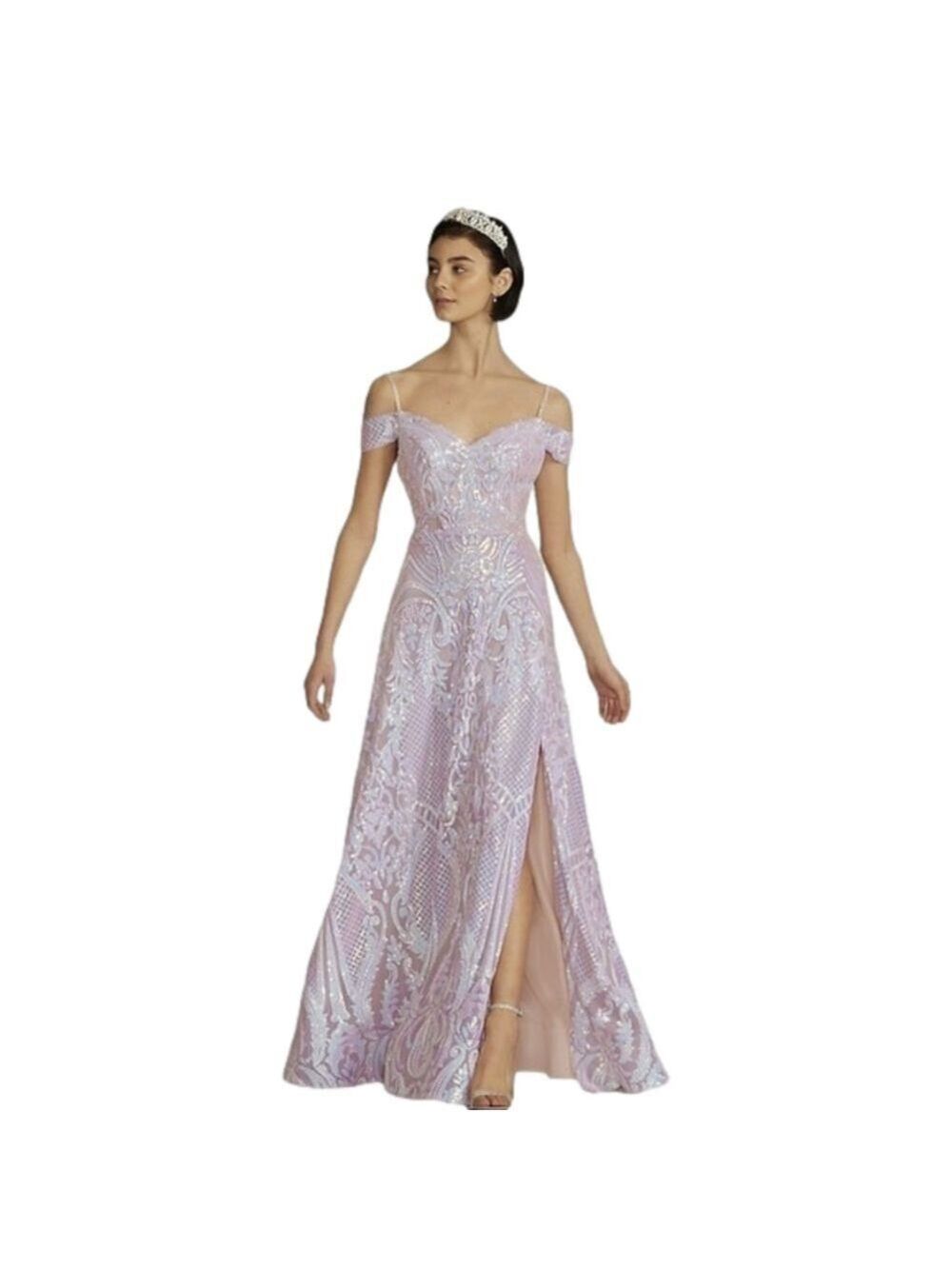 JULES And Cleo Off-The-Shoulder Patterned A-Line With Slit Prom Dress